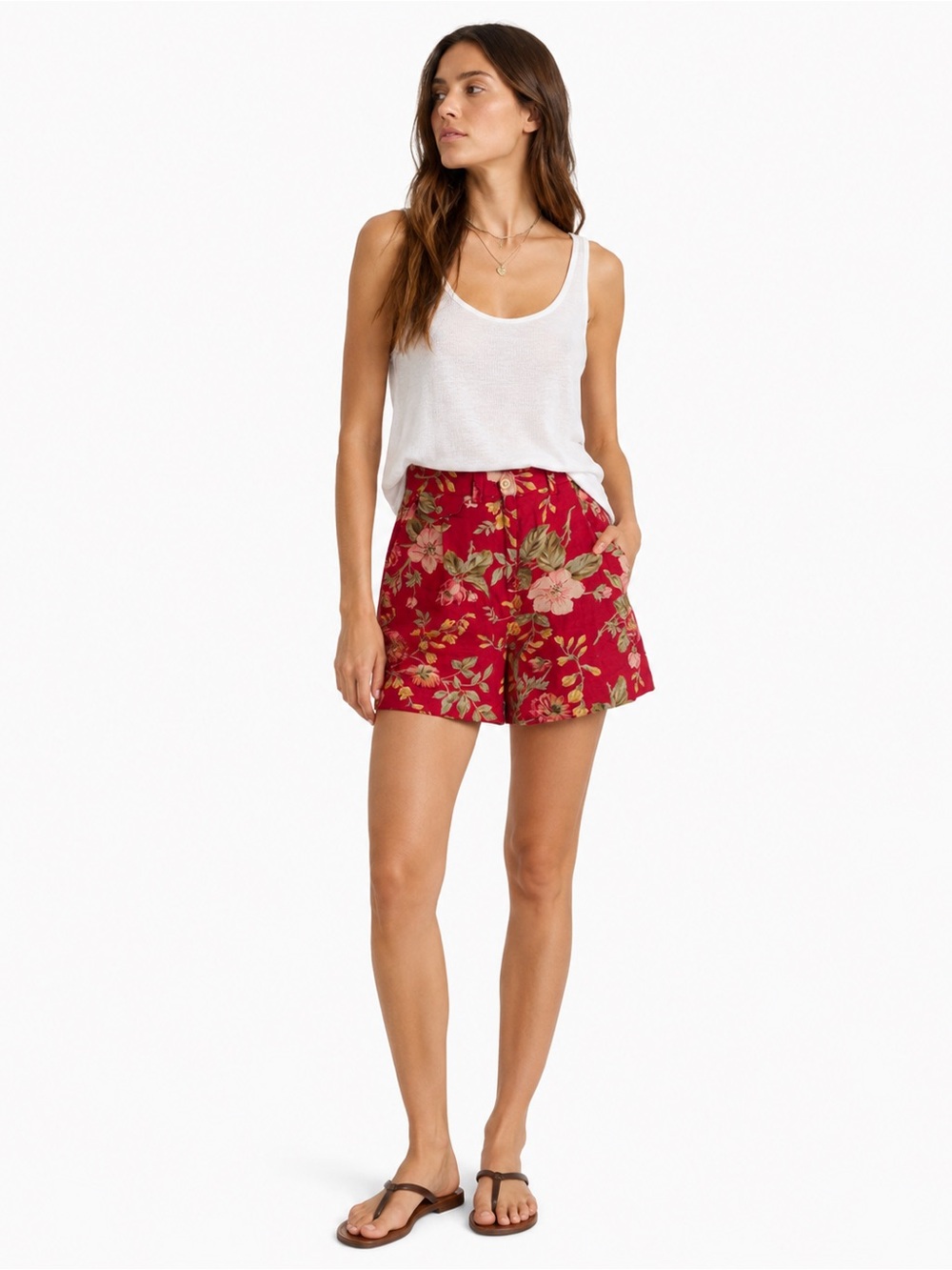 Vintage Ralph Lauren Linen Floral Bermuda Shorts Red Cottagecore 6P - Picture 2 of 15